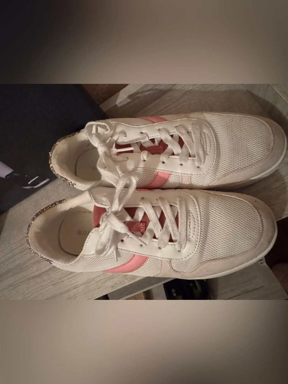 Old Navy White Sneakers with Pink Stripe and Gold Heel